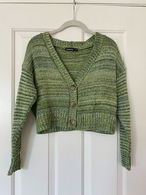 Boohoo Green Marled Cropped V-Neck Button Cardigan